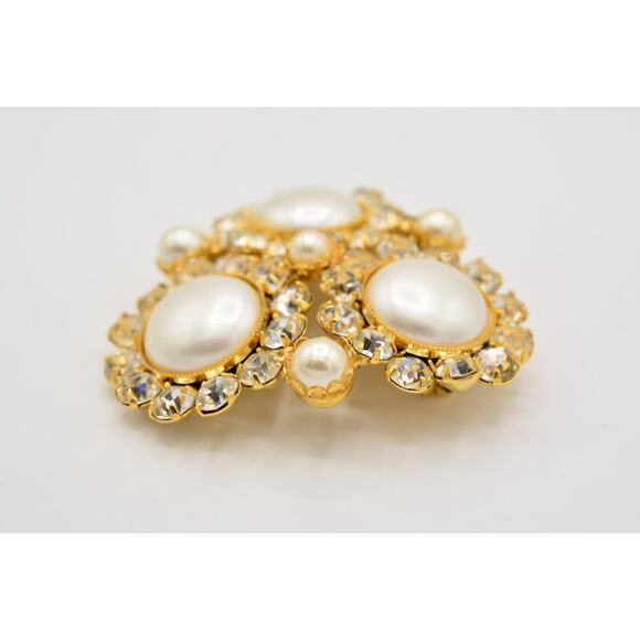 Vintage Crystal Pin Brooch Pearl Prong Cluster Gold Rhinestone Chunky 80s BinAC - Picture 6 of 12